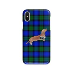 Tan Dachshund Tartan phone case. 11 Tartan styles for your Iphone 15 Pro Max, Iphone 14, 13, 12 to 6 & Samsung Galaxy S23 Ultra, S22, S21 to S6 18 adventure dogs tartan case tan dachshund black watch front view