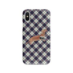 Tan Dachshund Tartan phone case. 11 Tartan styles for your Iphone 15 Pro Max, Iphone 14, 13, 12 to 6 & Samsung Galaxy S23 Ultra, S22, S21 to S6 19 adventure dogs tartan case tan dachshund blue beige front view