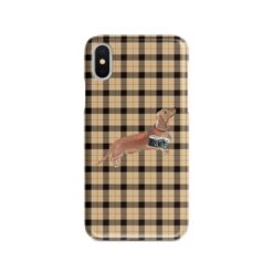 Tan Dachshund Tartan phone case. 11 Tartan styles for your Iphone 15 Pro Max, Iphone 14, 13, 12 to 6 & Samsung Galaxy S23 Ultra, S22, S21 to S6 20 adventure dogs tartan case tan dachshund brown tartan front view