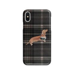 Tan Dachshund Tartan phone case. 11 Tartan styles for your Iphone 15 Pro Max, Iphone 14, 13, 12 to 6 & Samsung Galaxy S23 Ultra, S22, S21 to S6 21 adventure dogs tartan case tan dachshund dark tartan front view