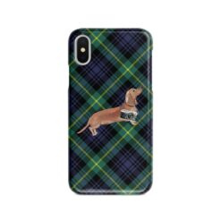 Tan Dachshund Tartan phone case. 11 Tartan styles for your Iphone 15 Pro Max, Iphone 14, 13, 12 to 6 & Samsung Galaxy S23 Ultra, S22, S21 to S6 22 adventure dogs tartan case tan dachshund gordon front view