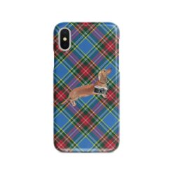 Tan Dachshund Tartan phone case. 11 Tartan styles for your Iphone 15 Pro Max, Iphone 14, 13, 12 to 6 & Samsung Galaxy S23 Ultra, S22, S21 to S6 24 adventure dogs tartan case tan dachshund macbeth front view