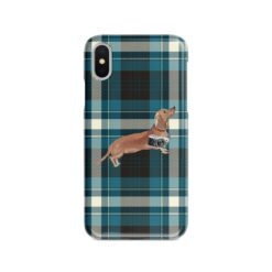 Tan Dachshund Tartan phone case. 11 Tartan styles for your Iphone 15 Pro Max, Iphone 14, 13, 12 to 6 & Samsung Galaxy S23 Ultra, S22, S21 to S6 25 adventure dogs tartan case tan dachshund modern front view