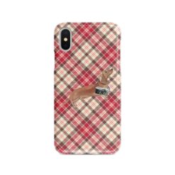 Tan Dachshund Tartan phone case. 11 Tartan styles for your Iphone 15 Pro Max, Iphone 14, 13, 12 to 6 & Samsung Galaxy S23 Ultra, S22, S21 to S6 26 adventure dogs tartan case tan dachshund pink front view