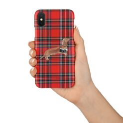 Tan Dachshund Tartan phone case. 11 Tartan styles for your Iphone 15 Pro Max, Iphone 14, 13, 12 to 6 & Samsung Galaxy S23 Ultra, S22, S21 to S6 17 adventure dogs tartan case tan dachshund royal stewart in hand