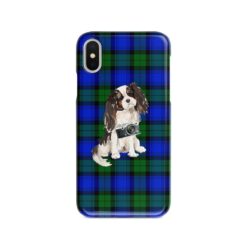 Tri colour King Charles Spaniel Tartan phone case. 11 Tartan styles for your Iphone 15 Pro Max, Iphone 14, 13, 12 to 6 & Samsung Galaxy S23 Ultra, S22, S21 to S6 17 adventure dogs tartan case tri colour king charles spaniel black watch front view