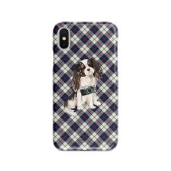 Tri colour King Charles Spaniel Tartan phone case. 11 Tartan styles for your Iphone 15 Pro Max, Iphone 14, 13, 12 to 6 & Samsung Galaxy S23 Ultra, S22, S21 to S6 18 adventure dogs tartan case tri colour king charles spaniel blue beige front view