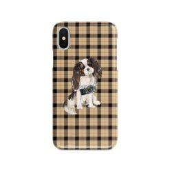 Tri colour King Charles Spaniel Tartan phone case. 11 Tartan styles for your Iphone 15 Pro Max, Iphone 14, 13, 12 to 6 & Samsung Galaxy S23 Ultra, S22, S21 to S6 19 adventure dogs tartan case tri colour king charles spaniel brown tartan front view