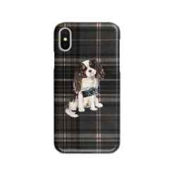 Tri colour King Charles Spaniel Tartan phone case. 11 Tartan styles for your Iphone 15 Pro Max, Iphone 14, 13, 12 to 6 & Samsung Galaxy S23 Ultra, S22, S21 to S6 20 adventure dogs tartan case tri colour king charles spaniel dark tartan front view