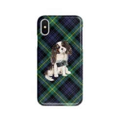 Tri colour King Charles Spaniel Tartan phone case. 11 Tartan styles for your Iphone 15 Pro Max, Iphone 14, 13, 12 to 6 & Samsung Galaxy S23 Ultra, S22, S21 to S6 21 adventure dogs tartan case tri colour king charles spaniel gordon front view