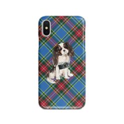 Tri colour King Charles Spaniel Tartan phone case. 11 Tartan styles for your Iphone 15 Pro Max, Iphone 14, 13, 12 to 6 & Samsung Galaxy S23 Ultra, S22, S21 to S6 23 adventure dogs tartan case tri colour king charles spaniel macbeth front view