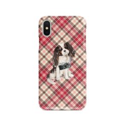 Tri colour King Charles Spaniel Tartan phone case. 11 Tartan styles for your Iphone 15 Pro Max, Iphone 14, 13, 12 to 6 & Samsung Galaxy S23 Ultra, S22, S21 to S6 25 adventure dogs tartan case tri colour king charles spaniel pink front view