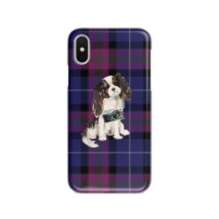 Tri colour King Charles Spaniel Tartan phone case. 11 Tartan styles for your Iphone 15 Pro Max, Iphone 14, 13, 12 to 6 & Samsung Galaxy S23 Ultra, S22, S21 to S6 26 adventure dogs tartan case tri colour king charles spaniel pride of scotland front view