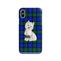 Westie Tartan phone case. 11 Tartan styles for your Iphone 15 Pro Max, Iphone 14, 13, 12 to 6 & Samsung Galaxy S23 Ultra, S22, S21 to S6 17 adventure dogs tartan case westie black watch front view