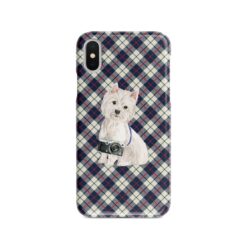 Westie Tartan phone case. 11 Tartan styles for your Iphone 15 Pro Max, Iphone 14, 13, 12 to 6 & Samsung Galaxy S23 Ultra, S22, S21 to S6 18 adventure dogs tartan case westie blue beige front view