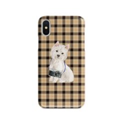 Westie Tartan phone case. 11 Tartan styles for your Iphone 15 Pro Max, Iphone 14, 13, 12 to 6 & Samsung Galaxy S23 Ultra, S22, S21 to S6 19 adventure dogs tartan case westie brown tartan front view