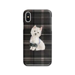 Westie Tartan phone case. 11 Tartan styles for your Iphone 15 Pro Max, Iphone 14, 13, 12 to 6 & Samsung Galaxy S23 Ultra, S22, S21 to S6 20 adventure dogs tartan case westie dark tartan front view