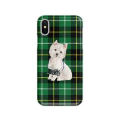 Westie Tartan phone case. 11 Tartan styles for your Iphone 15 Pro Max, Iphone 14, 13, 12 to 6 & Samsung Galaxy S23 Ultra, S22, S21 to S6 22 adventure dogs tartan case westie green tartan front view