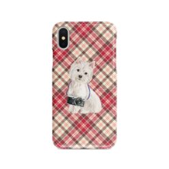 Westie Tartan phone case. 11 Tartan styles for your Iphone 15 Pro Max, Iphone 14, 13, 12 to 6 & Samsung Galaxy S23 Ultra, S22, S21 to S6 25 adventure dogs tartan case westie pink front view