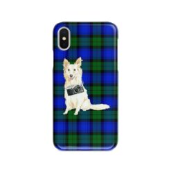 White Collie Tartan phone case. 11 Tartan styles for your Iphone 15 Pro Max, Iphone 14, 13, 12 to 6 & Samsung Galaxy S23 Ultra, S22, S21 to S6 17 adventure dogs tartan case white collie black watch front view