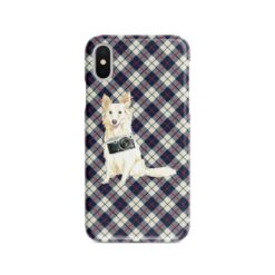 White Collie Tartan phone case. 11 Tartan styles for your Iphone 15 Pro Max, Iphone 14, 13, 12 to 6 & Samsung Galaxy S23 Ultra, S22, S21 to S6 18 adventure dogs tartan case white collie blue beige front view