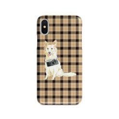 White Collie Tartan phone case. 11 Tartan styles for your Iphone 15 Pro Max, Iphone 14, 13, 12 to 6 & Samsung Galaxy S23 Ultra, S22, S21 to S6 19 adventure dogs tartan case white collie brown tartan front view
