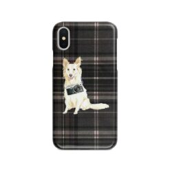White Collie Tartan phone case. 11 Tartan styles for your Iphone 15 Pro Max, Iphone 14, 13, 12 to 6 & Samsung Galaxy S23 Ultra, S22, S21 to S6 20 adventure dogs tartan case white collie dark tartan front view