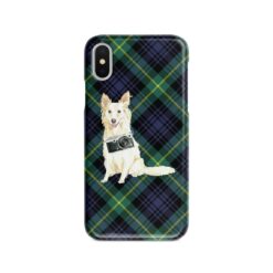 White Collie Tartan phone case. 11 Tartan styles for your Iphone 15 Pro Max, Iphone 14, 13, 12 to 6 & Samsung Galaxy S23 Ultra, S22, S21 to S6 21 adventure dogs tartan case white collie gordon front view