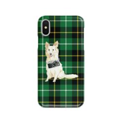 White Collie Tartan phone case. 11 Tartan styles for your Iphone 15 Pro Max, Iphone 14, 13, 12 to 6 & Samsung Galaxy S23 Ultra, S22, S21 to S6 22 adventure dogs tartan case white collie green tartan front view