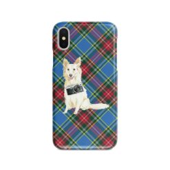 White Collie Tartan phone case. 11 Tartan styles for your Iphone 15 Pro Max, Iphone 14, 13, 12 to 6 & Samsung Galaxy S23 Ultra, S22, S21 to S6 23 adventure dogs tartan case white collie macbeth front view