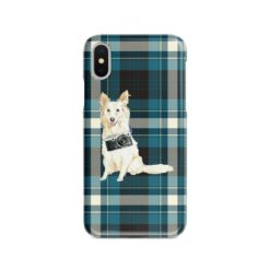 White Collie Tartan phone case. 11 Tartan styles for your Iphone 15 Pro Max, Iphone 14, 13, 12 to 6 & Samsung Galaxy S23 Ultra, S22, S21 to S6 24 adventure dogs tartan case white collie modern front view