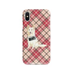 White Collie Tartan phone case. 11 Tartan styles for your Iphone 15 Pro Max, Iphone 14, 13, 12 to 6 & Samsung Galaxy S23 Ultra, S22, S21 to S6 25 adventure dogs tartan case white collie pink front view