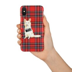 White Collie Tartan phone case. 11 Tartan styles for your Iphone 15 Pro Max, Iphone 14, 13, 12 to 6 & Samsung Galaxy S23 Ultra, S22, S21 to S6 16 adventure dogs tartan case white collie royal stewart in hand