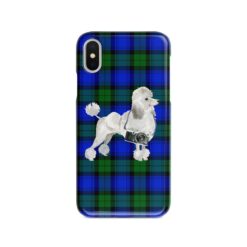 White poodle Tartan phone case. 11 Tartan styles for your Iphone 15 Pro Max, Iphone 14, 13, 12 to 6 & Samsung Galaxy S23 Ultra, S22, S21 to S6 18 adventure dogs tartan case white poodle black watch front view