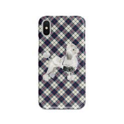 White poodle Tartan phone case. 11 Tartan styles for your Iphone 15 Pro Max, Iphone 14, 13, 12 to 6 & Samsung Galaxy S23 Ultra, S22, S21 to S6 19 adventure dogs tartan case white poodle blue beige front view