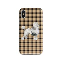 White poodle Tartan phone case. 11 Tartan styles for your Iphone 15 Pro Max, Iphone 14, 13, 12 to 6 & Samsung Galaxy S23 Ultra, S22, S21 to S6 20 adventure dogs tartan case white poodle brown tartan front view