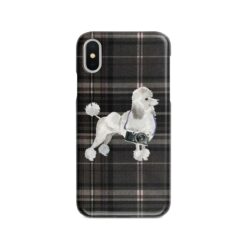 White poodle Tartan phone case. 11 Tartan styles for your Iphone 15 Pro Max, Iphone 14, 13, 12 to 6 & Samsung Galaxy S23 Ultra, S22, S21 to S6 21 adventure dogs tartan case white poodle dark tartan front view