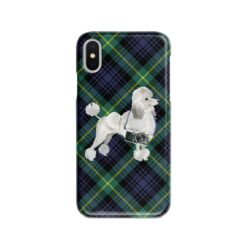 White poodle Tartan phone case. 11 Tartan styles for your Iphone 15 Pro Max, Iphone 14, 13, 12 to 6 & Samsung Galaxy S23 Ultra, S22, S21 to S6 22 adventure dogs tartan case white poodle gordon front view