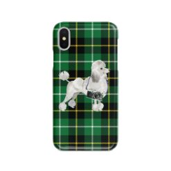 White poodle Tartan phone case. 11 Tartan styles for your Iphone 15 Pro Max, Iphone 14, 13, 12 to 6 & Samsung Galaxy S23 Ultra, S22, S21 to S6 23 adventure dogs tartan case white poodle green tartan front view