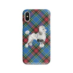 White poodle Tartan phone case. 11 Tartan styles for your Iphone 15 Pro Max, Iphone 14, 13, 12 to 6 & Samsung Galaxy S23 Ultra, S22, S21 to S6 24 adventure dogs tartan case white poodle macbeth front view