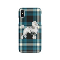 White poodle Tartan phone case. 11 Tartan styles for your Iphone 15 Pro Max, Iphone 14, 13, 12 to 6 & Samsung Galaxy S23 Ultra, S22, S21 to S6 25 adventure dogs tartan case white poodle modern front view