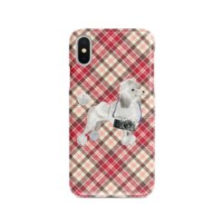 White poodle Tartan phone case. 11 Tartan styles for your Iphone 15 Pro Max, Iphone 14, 13, 12 to 6 & Samsung Galaxy S23 Ultra, S22, S21 to S6 26 adventure dogs tartan case white poodle pink front view