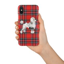 White poodle Tartan phone case. 11 Tartan styles for your Iphone 15 Pro Max, Iphone 14, 13, 12 to 6 & Samsung Galaxy S23 Ultra, S22, S21 to S6 17 adventure dogs tartan case white poodle royal stewart in hand
