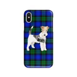 Wire Haired Fox Terrier Tartan phone case. 11 Tartan styles for your Iphone 15 Pro Max, Iphone 14, 13, 12 to 6 & Samsung Galaxy S23 Ultra, S22, S21 to S6 17 adventure dogs tartan case wire haired fox terrier black watch front view