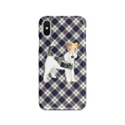 Wire Haired Fox Terrier Tartan phone case. 11 Tartan styles for your Iphone 15 Pro Max, Iphone 14, 13, 12 to 6 & Samsung Galaxy S23 Ultra, S22, S21 to S6 18 adventure dogs tartan case wire haired fox terrier blue beige front view