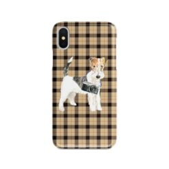 Wire Haired Fox Terrier Tartan phone case. 11 Tartan styles for your Iphone 15 Pro Max, Iphone 14, 13, 12 to 6 & Samsung Galaxy S23 Ultra, S22, S21 to S6 19 adventure dogs tartan case wire haired fox terrier brown tartan front view