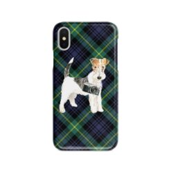 Wire Haired Fox Terrier Tartan phone case. 11 Tartan styles for your Iphone 15 Pro Max, Iphone 14, 13, 12 to 6 & Samsung Galaxy S23 Ultra, S22, S21 to S6 21 adventure dogs tartan case wire haired fox terrier gordon front view