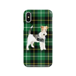 Wire Haired Fox Terrier Tartan phone case. 11 Tartan styles for your Iphone 15 Pro Max, Iphone 14, 13, 12 to 6 & Samsung Galaxy S23 Ultra, S22, S21 to S6 22 adventure dogs tartan case wire haired fox terrier green tartan front view