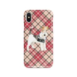 Wire Haired Fox Terrier Tartan phone case. 11 Tartan styles for your Iphone 15 Pro Max, Iphone 14, 13, 12 to 6 & Samsung Galaxy S23 Ultra, S22, S21 to S6 25 adventure dogs tartan case wire haired fox terrier pink front view