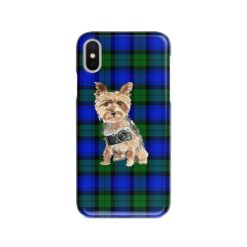 Yorkshire Terrier Tartan phone case. 11 Tartan styles for your Iphone 15 Pro Max, Iphone 14, 13, 12 to 6 & Samsung Galaxy S23 Ultra, S22, S21 to S6 17 adventure dogs tartan case yorkshire terrier black watch front view